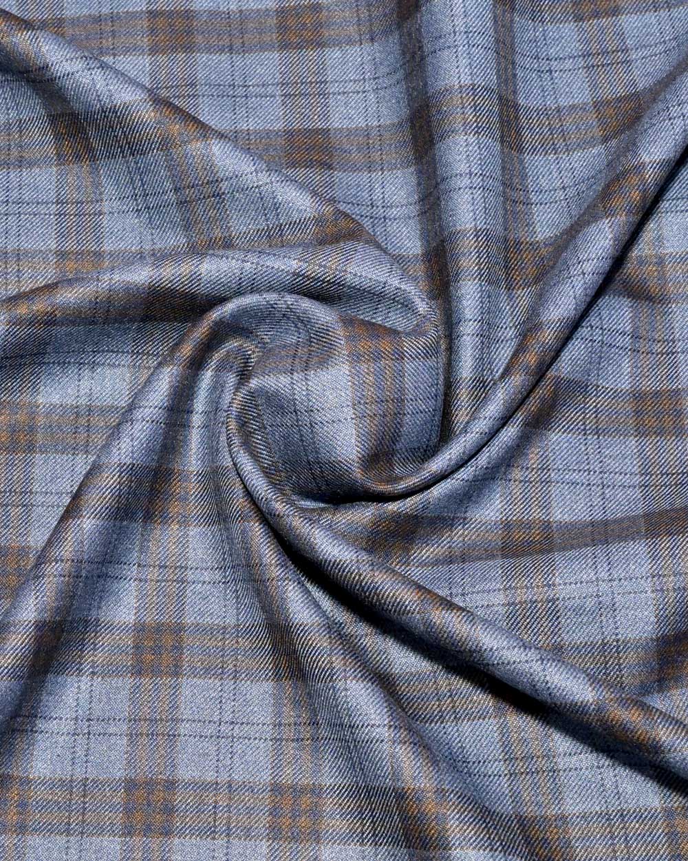 Dark Navy Blue Tweed Blazer Fabric With Brown Checks